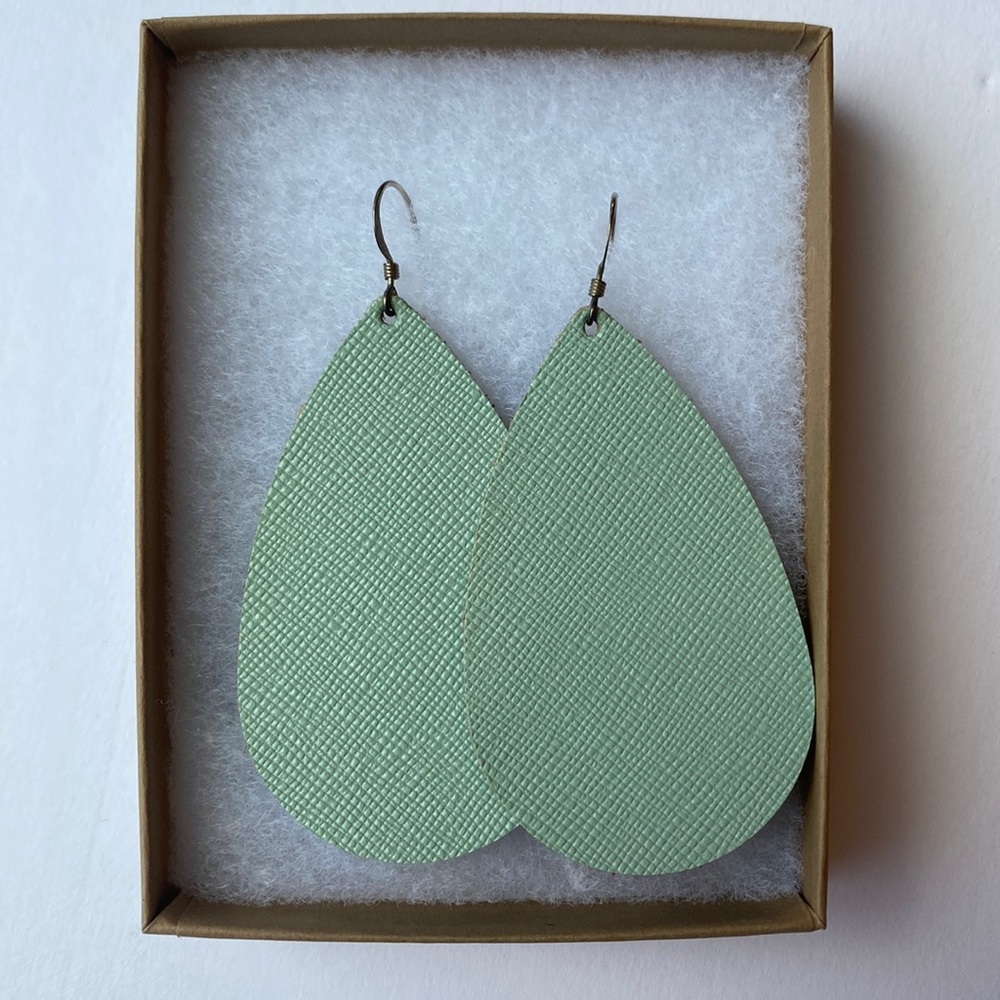 Nickel & Suede Medium Mint Pastel Green Leather Teardrop Earrings